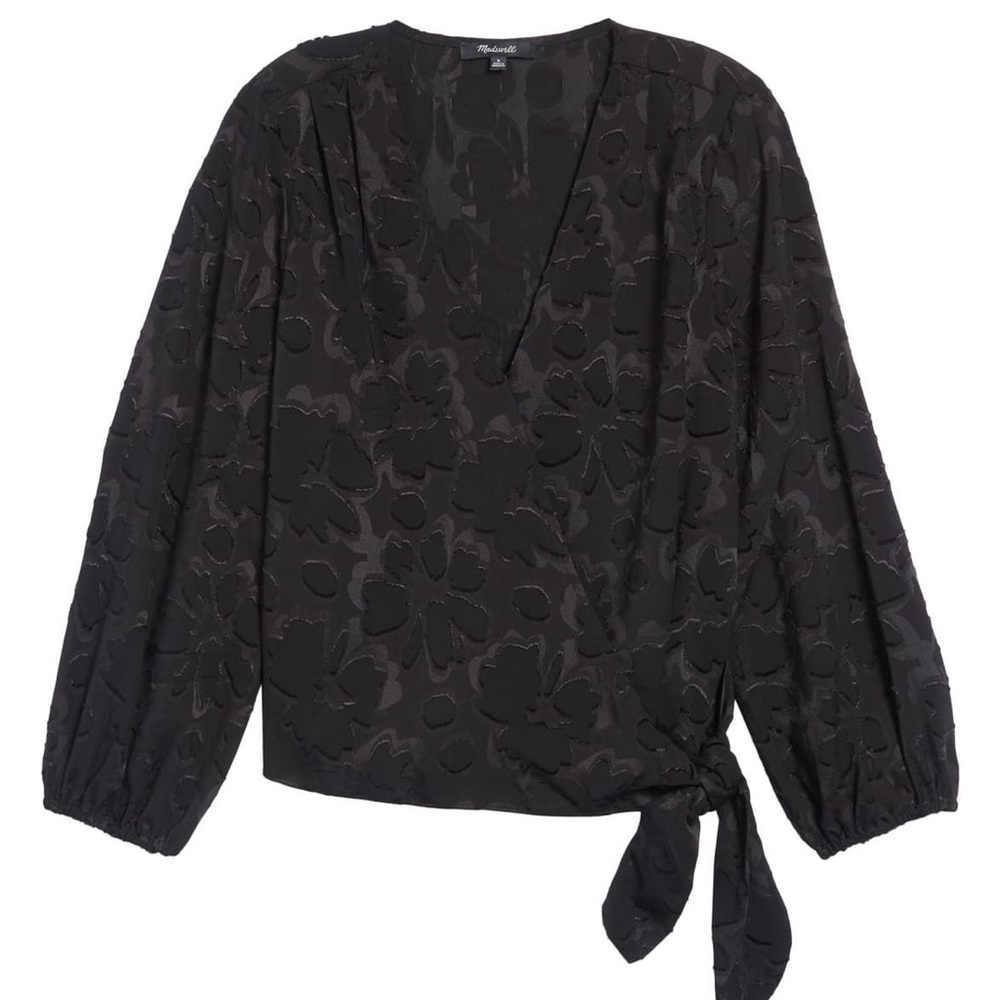 NWT Madewell Black Floral Jacquard Side Tie Wrap Blouse Puff Sleeve Size Small